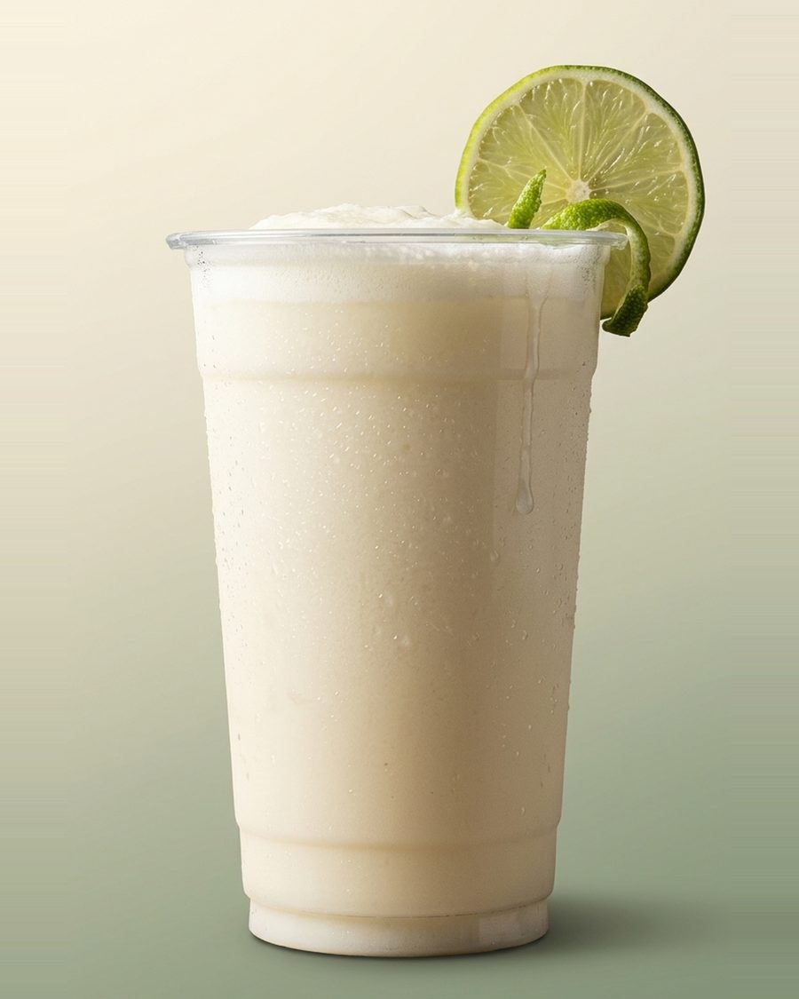 Brazilian Lemonade, a frothy pale cloudy yellow blended drink finished with a lime wheel and zest