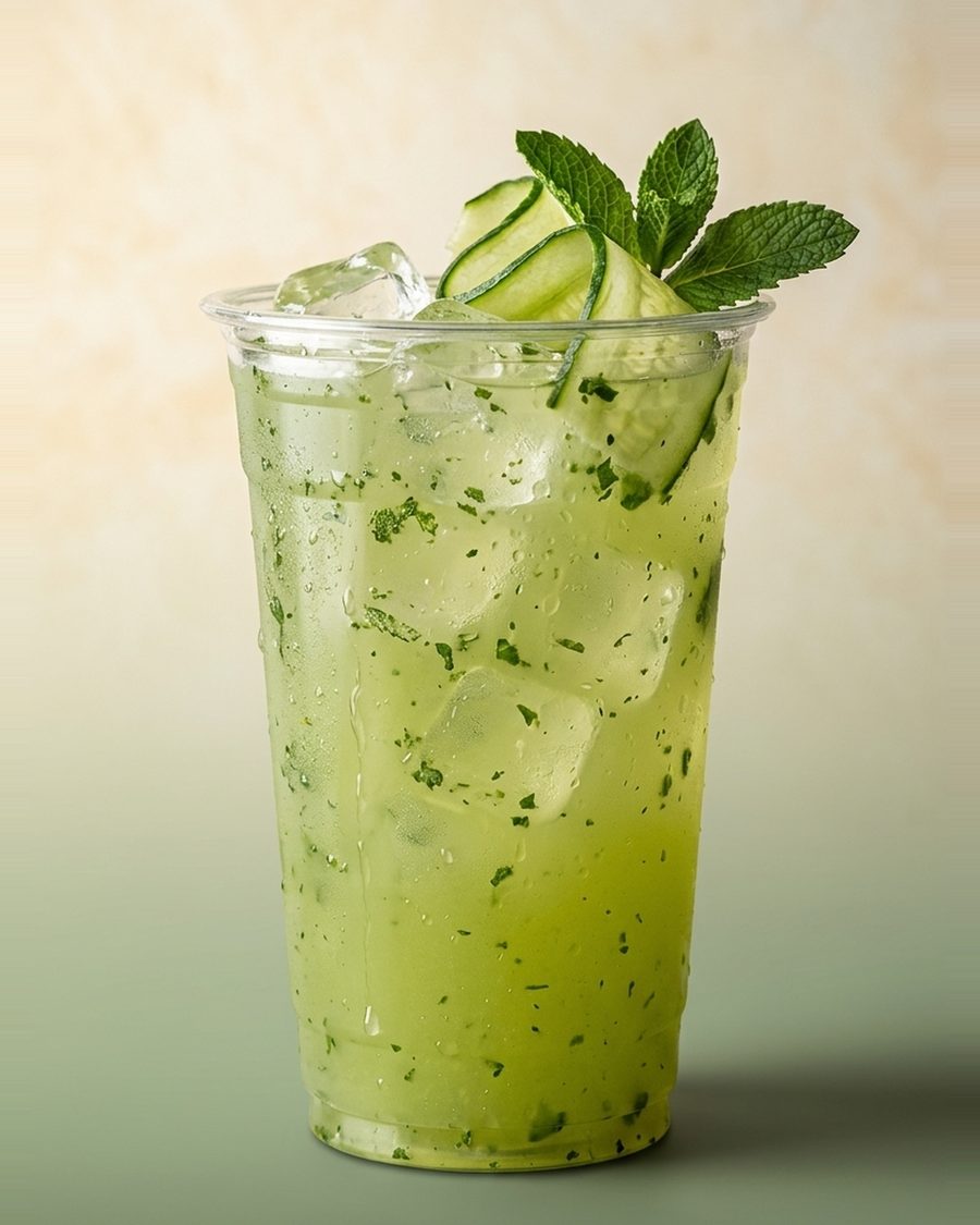 Cucumber Lime Agua Fresca, poured pale green over ice with a cucumber ribbon and mint garnish