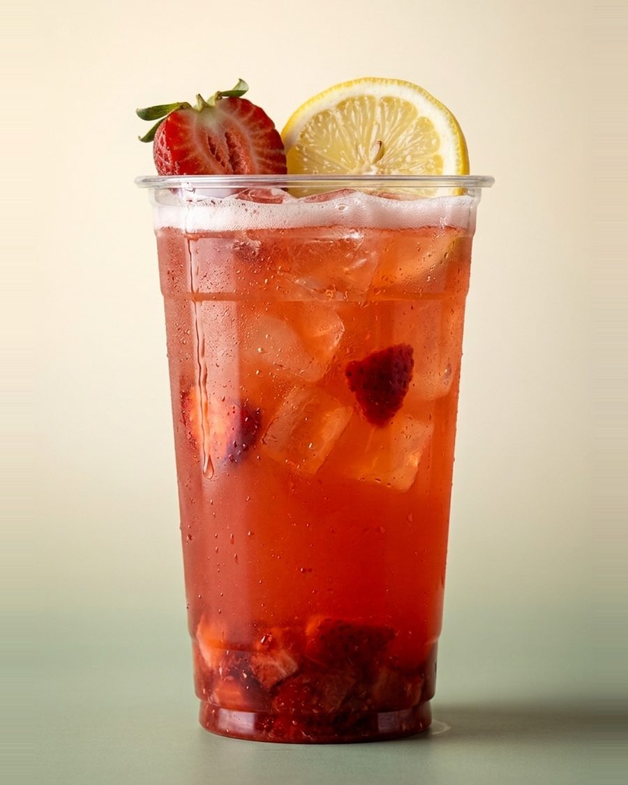 Strawberry Loaded Lemonade with a red-to-yellow gradient, topped with a fresh strawberry and lemon wheel